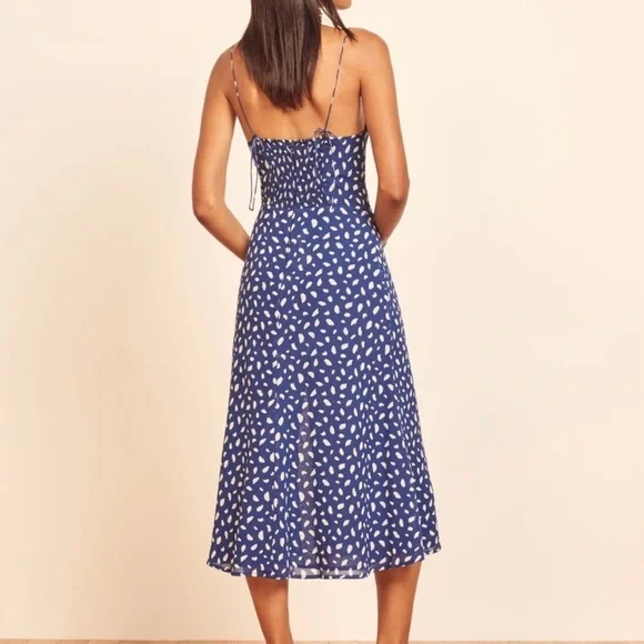 Reformation Blue Polka Dot Viscose Midi Dress Size 14 Bustier Slit - Picture 3 of 6